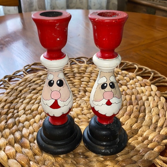 Other - Santa Claus Hand Tole Painted Whimsical Wooden Candle Holders Christmas Vintage